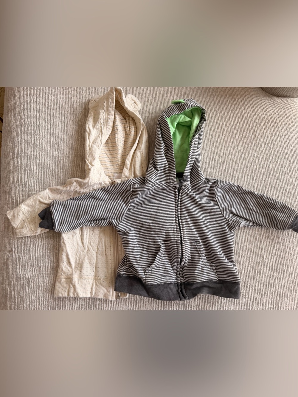 Bundle- Hanna Andersson cream and Carters Gray Zip Hoodies  with ears 0-6 months